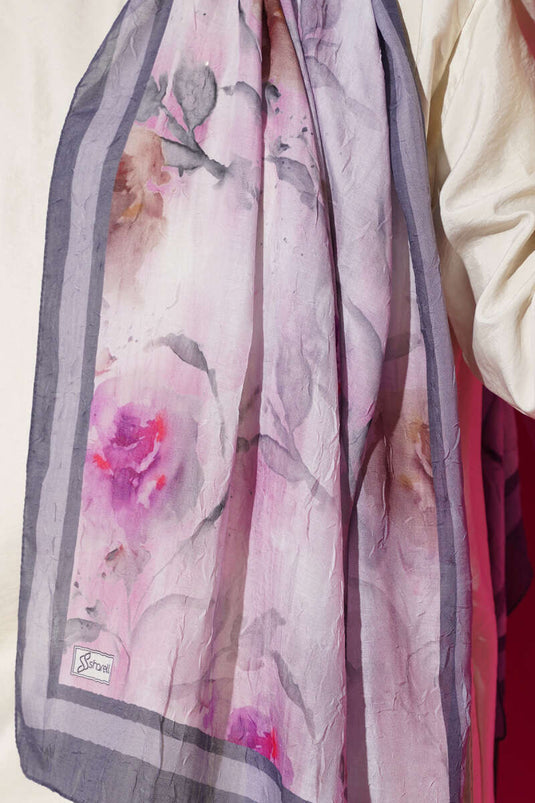 Flower Pattern Bamboo Crush Shawl Smoke Grey