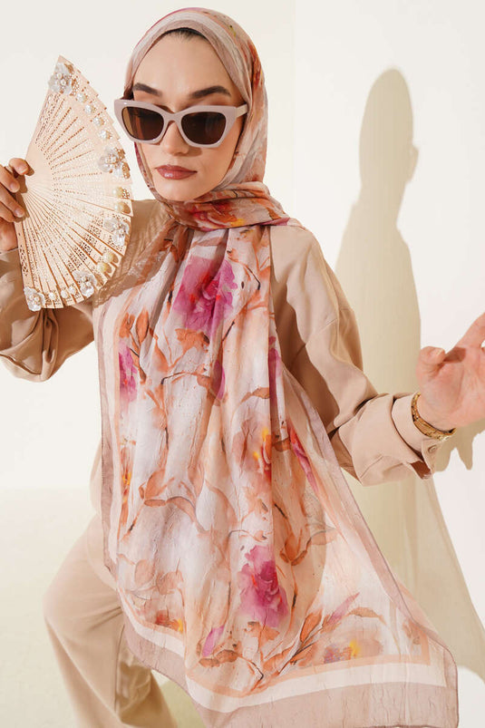 Bambus-Schal mit Blumenmuster, sandbeige