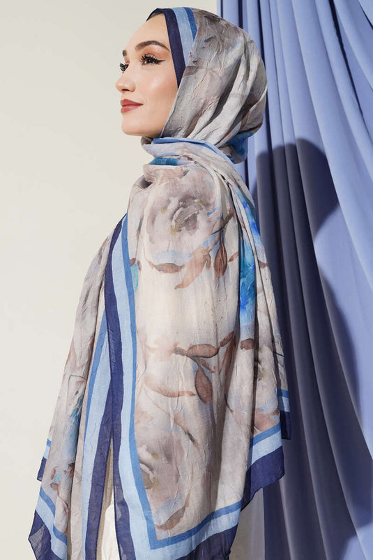 Flower Pattern Bamboo Crash Scarf Navy Blue