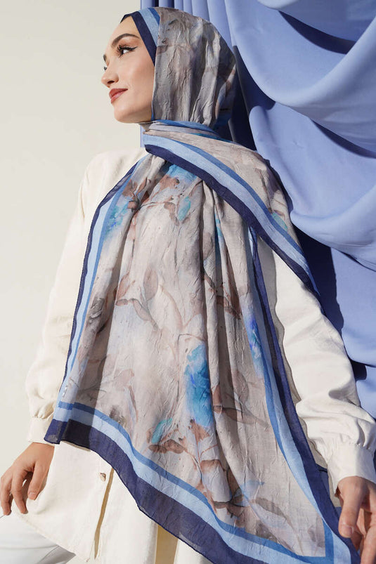 Flower Pattern Bamboo Crash Scarf Navy Blue