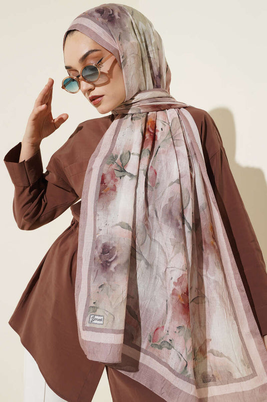 Flower Pattern Bamboo Crush Scarf Soft Coffee