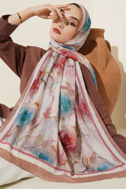 Flower Pattern Bamboo Crush Shawl Tan