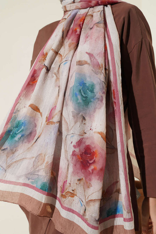 Flower Pattern Bamboo Crush Shawl Tan