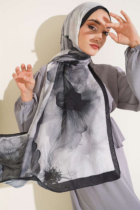 Flowers Bambu Kraş Shawl Black Smoke