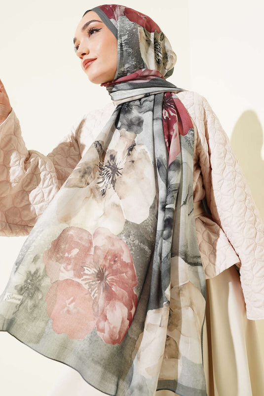 Flowers Pattern Ramie Shawl Gray