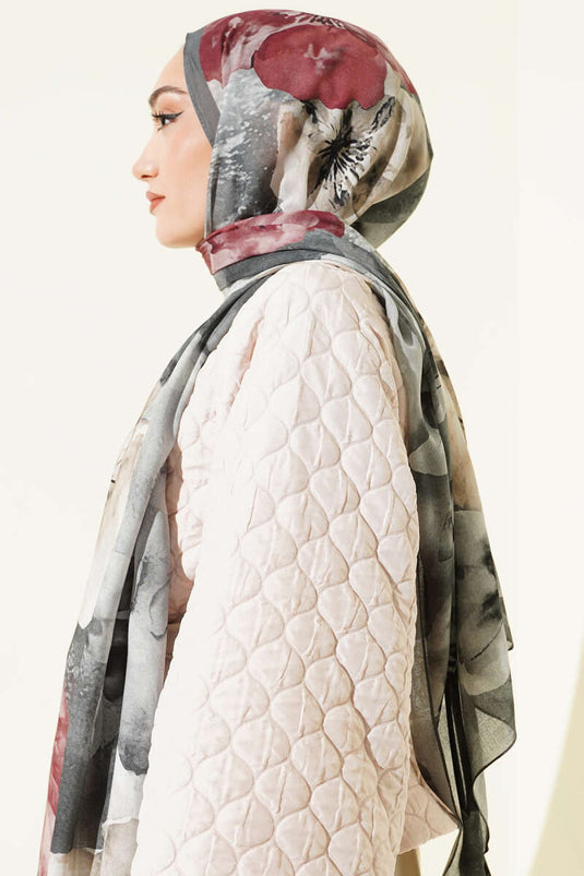 Flowers Pattern Ramie Shawl Gray