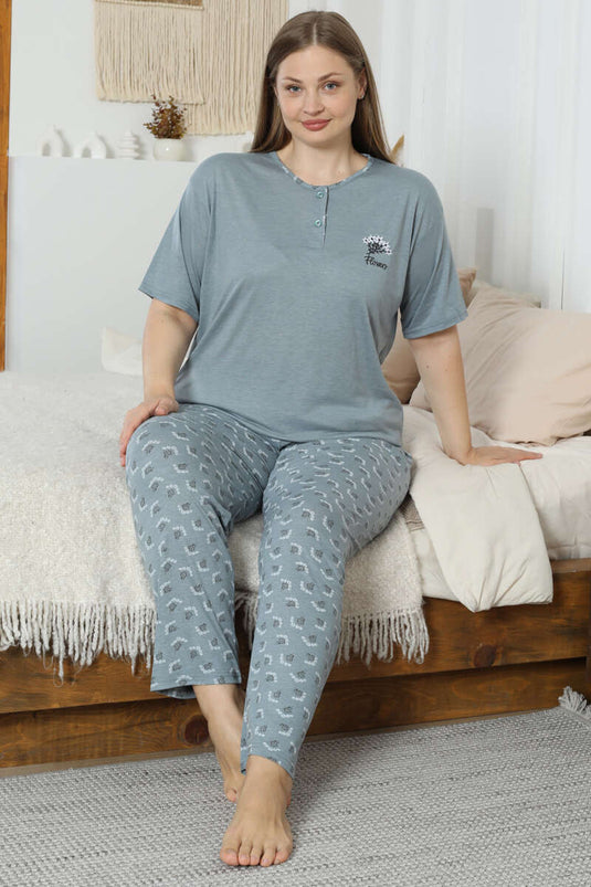 Flowery Nakışlı Kısa Kol Büyük Beden Pijama Takım Çağla Yeşili