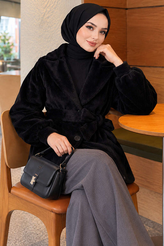 Manteau Court À Ceinture Fox Noir