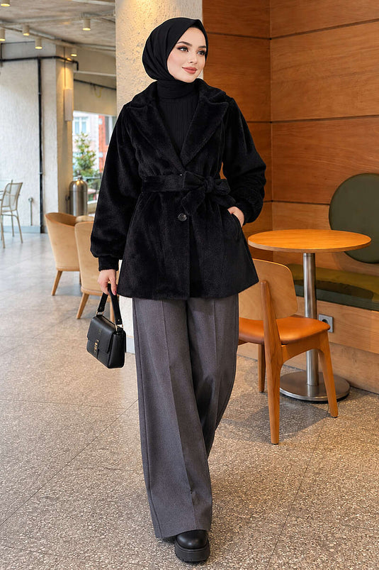 Manteau Court À Ceinture Fox Noir
