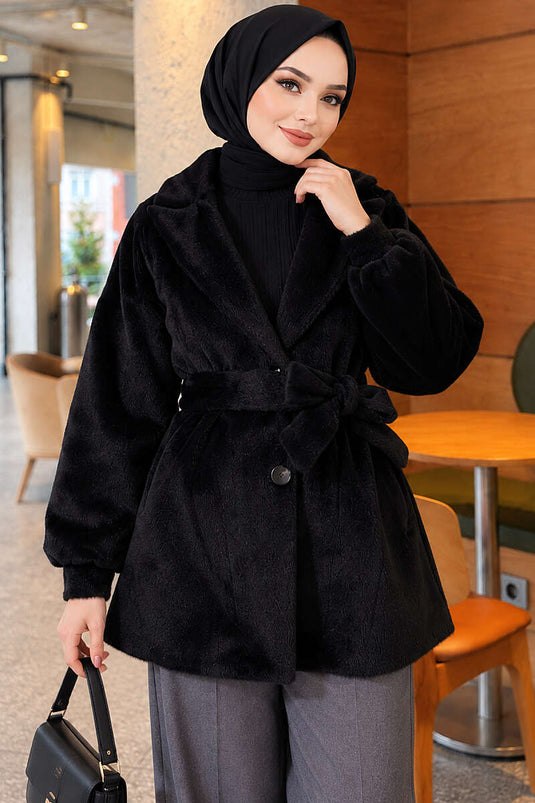 Manteau Court À Ceinture Fox Noir