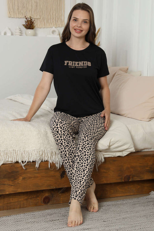 Friends Printed Short Sleeve Pajama Set Leopard