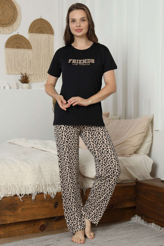 Friends Printed Short Sleeve Pajama Set Leopard