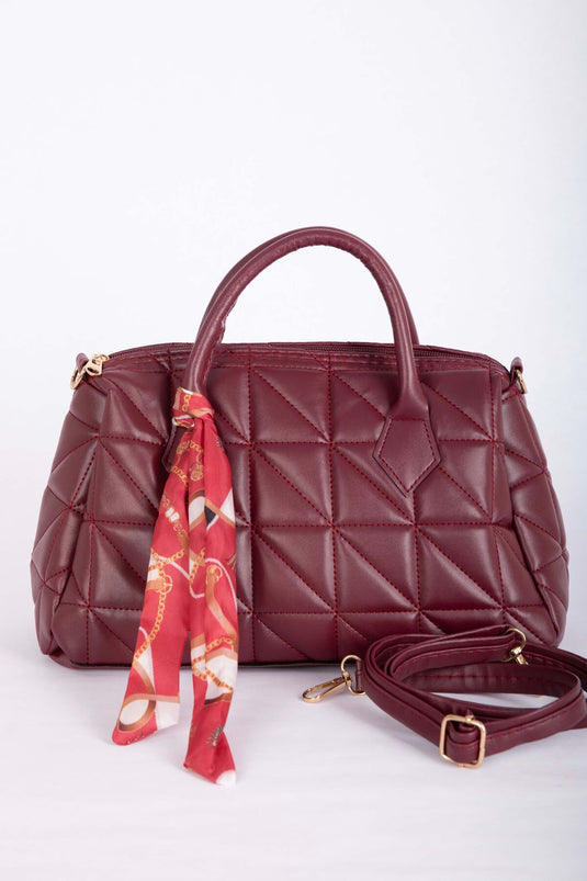 Quilted Hand & Shoulder Bag with Scarf Detail Burgundy