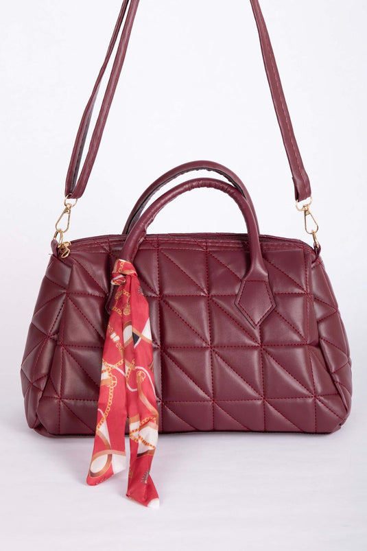 Quilted Hand & Shoulder Bag with Scarf Detail Burgundy