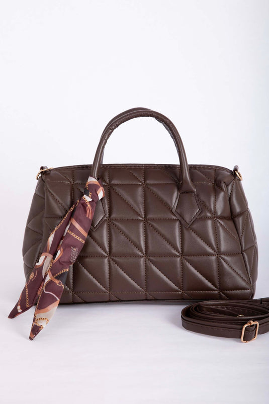 Quilted Hand & Shoulder Bag with Scarf Detail Brown