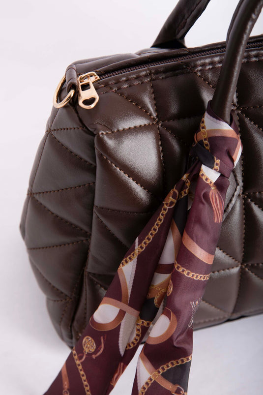 Quilted Hand & Shoulder Bag with Scarf Detail Brown