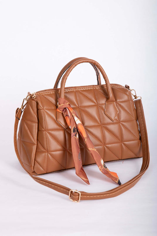 Scarf Detailed Quilted Hand & Shoulder Bag Tan