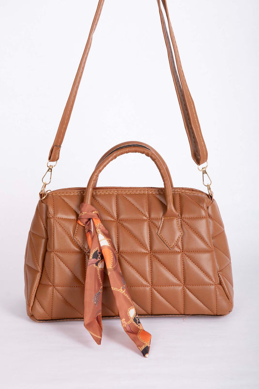 Scarf Detailed Quilted Hand & Shoulder Bag Tan