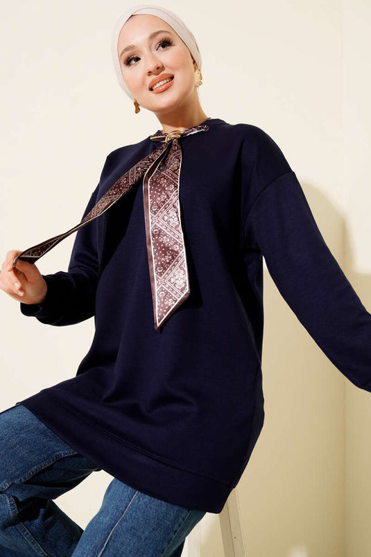 Fular Detaylı Loyşa Tunik Lacivert