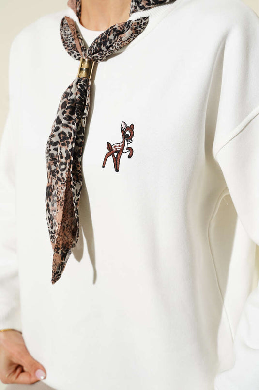 Fular Detaylı Üç İplik Sweat Ekru