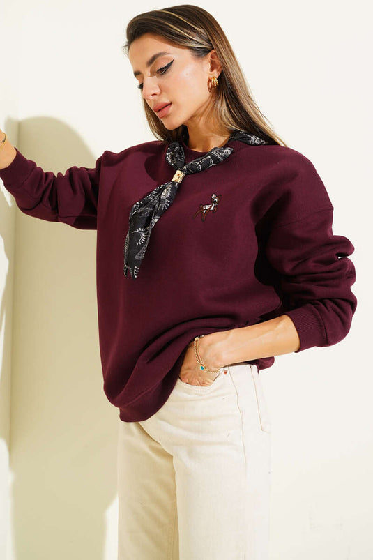 Fular Detaylı Üç İplik Sweat Mürdüm