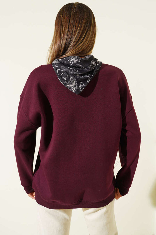 Three-Thread Sweatshirt with Scarf Detail, Plum