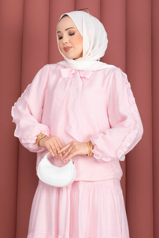 Fular Yaka Etekli İkili Takım Pembe