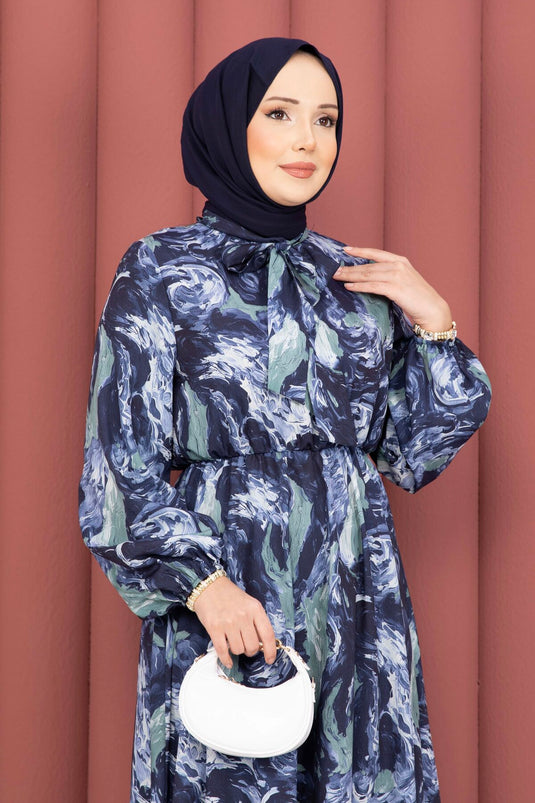 Robe voilée à col foulard à motifs bleu marine