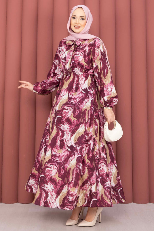 Robe voilée à col foulard motif prune