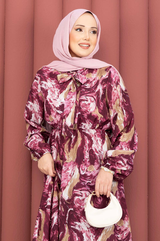 Robe voilée à col foulard motif prune