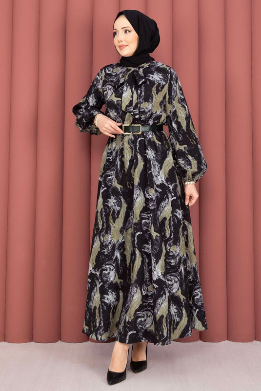 Robe voilée à col foulard à motifs noire