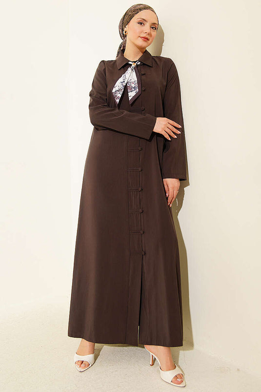 Full-length Brit Buttoned Modal Dress with Scarf in Dark Brown