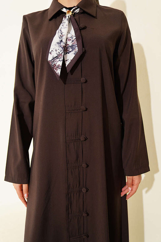 Full-length Brit Buttoned Modal Dress with Scarf in Dark Brown