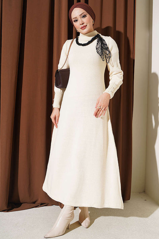Beige Patterned Knit Dress With Scarf Detail