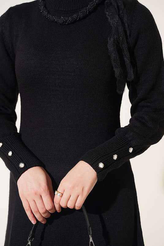 Vestido De Punto Negro Con Detalles De Bufanda Y Volantes