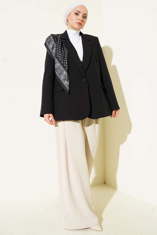Blazer Jacket with Scarf and Buttons Black