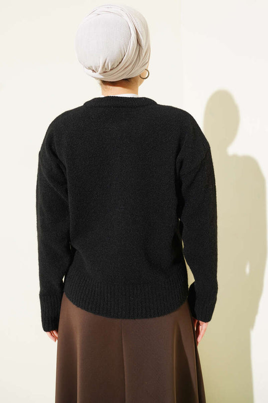 كارديجان أسود محبوك بتفاصيل وشاح وأزرار