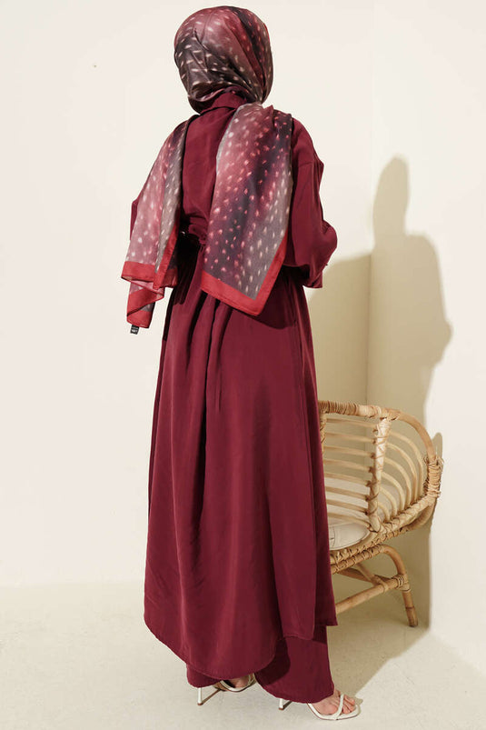 Long Tunic Set with Modal, Zipper, and Scarf in Burgundy