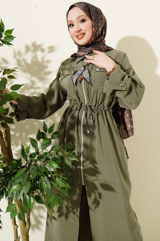 Long Tunic Set with Modal, Zipper, and Scarf in Pistachio Green