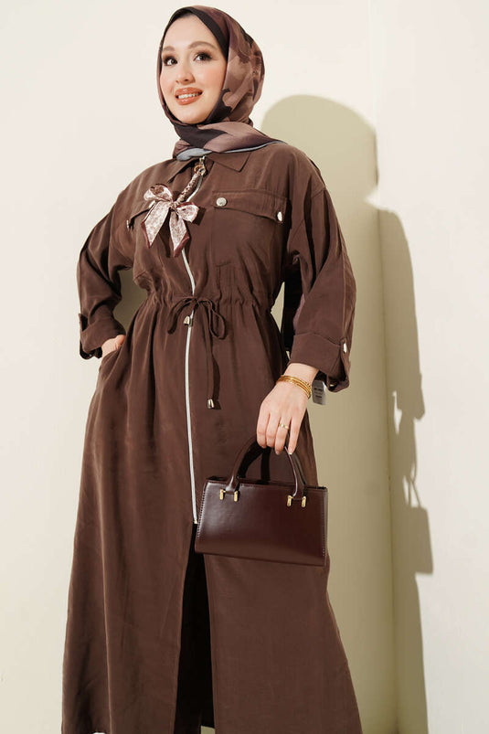 Long Tunic Set with Modal, Zip, and Scarf, Coffee