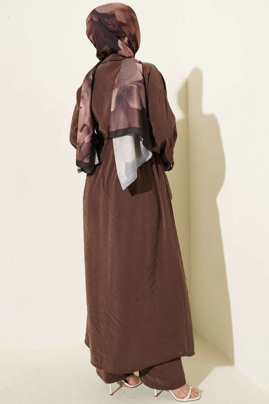 Long Tunic Set with Modal, Zip, and Scarf, Coffee