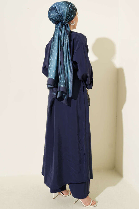 Long Tunic Set with Modal, Zipper, and Scarf, Navy Blue