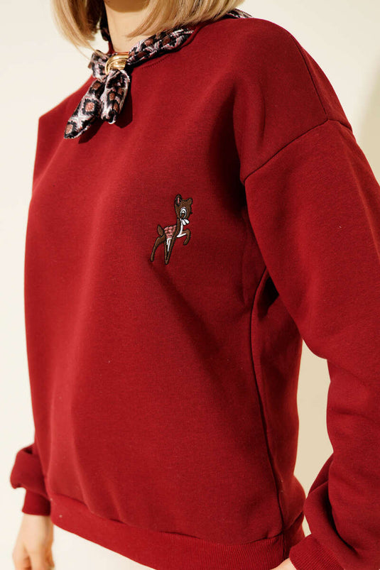 Sweat-shirt brodé cerf avec écharpe assortie, bordeaux