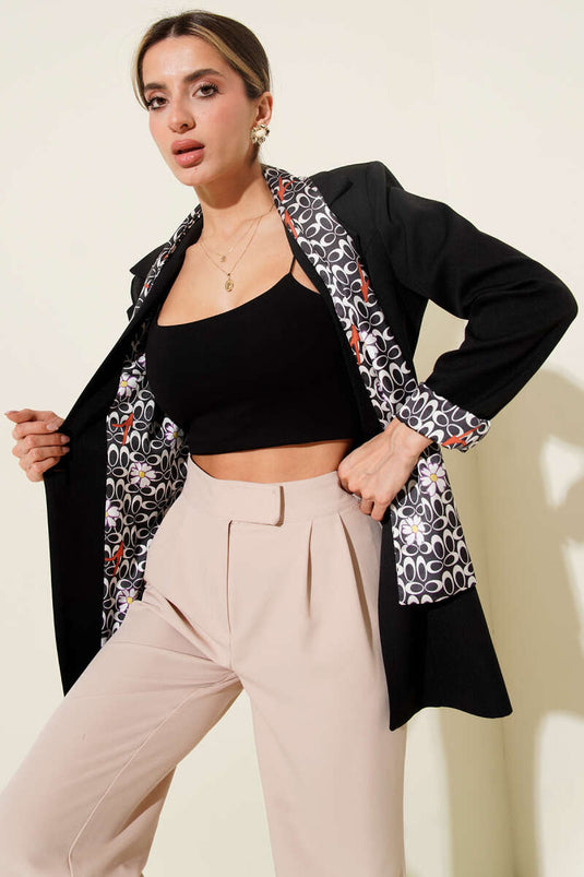 Fularlı Gold Düğmeli Ceket Siyah