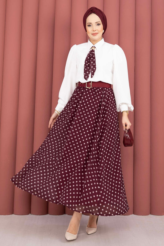 Ensemble chemise à foulard et jupe ceinturée à pois bordeaux