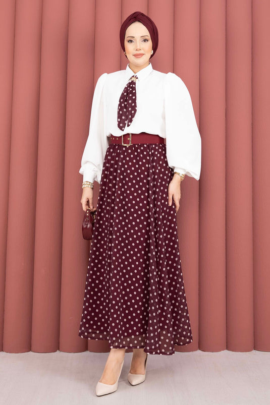 Ensemble chemise à foulard et jupe ceinturée à pois bordeaux