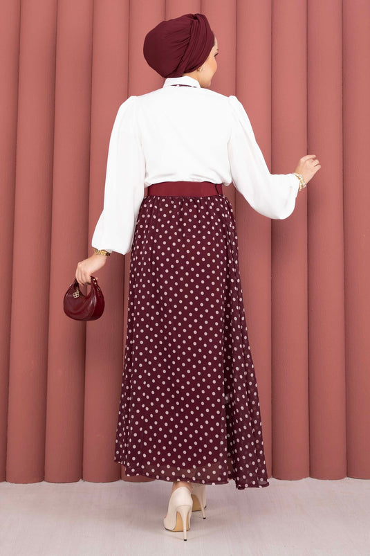 Ensemble chemise à foulard et jupe ceinturée à pois bordeaux