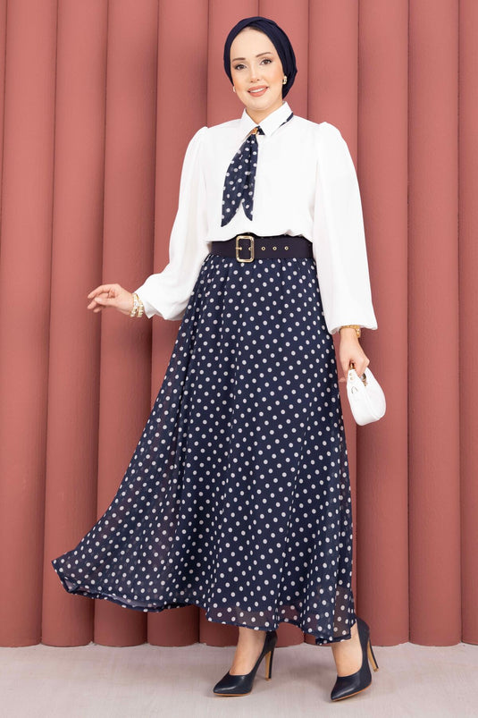 Ensemble chemise à foulard et jupe ceinturée à pois bleu marine
