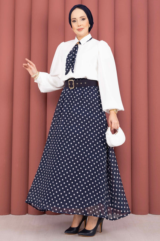 Ensemble chemise à foulard et jupe ceinturée à pois bleu marine