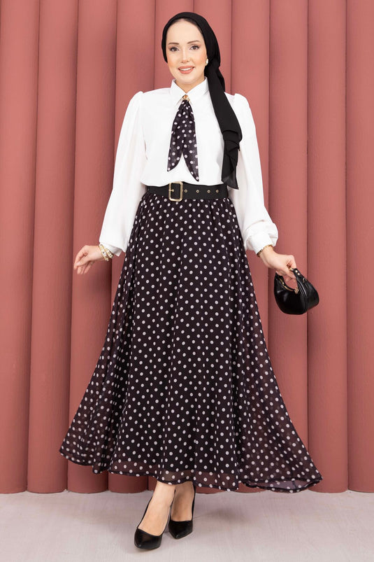 Chemisier avec foulard & ensemble jupe à pois avec ceinture noir